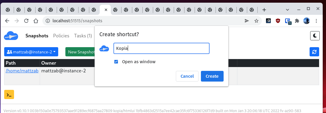 Kopia, how to use Kopia, Kopia snapshot and restore workflow